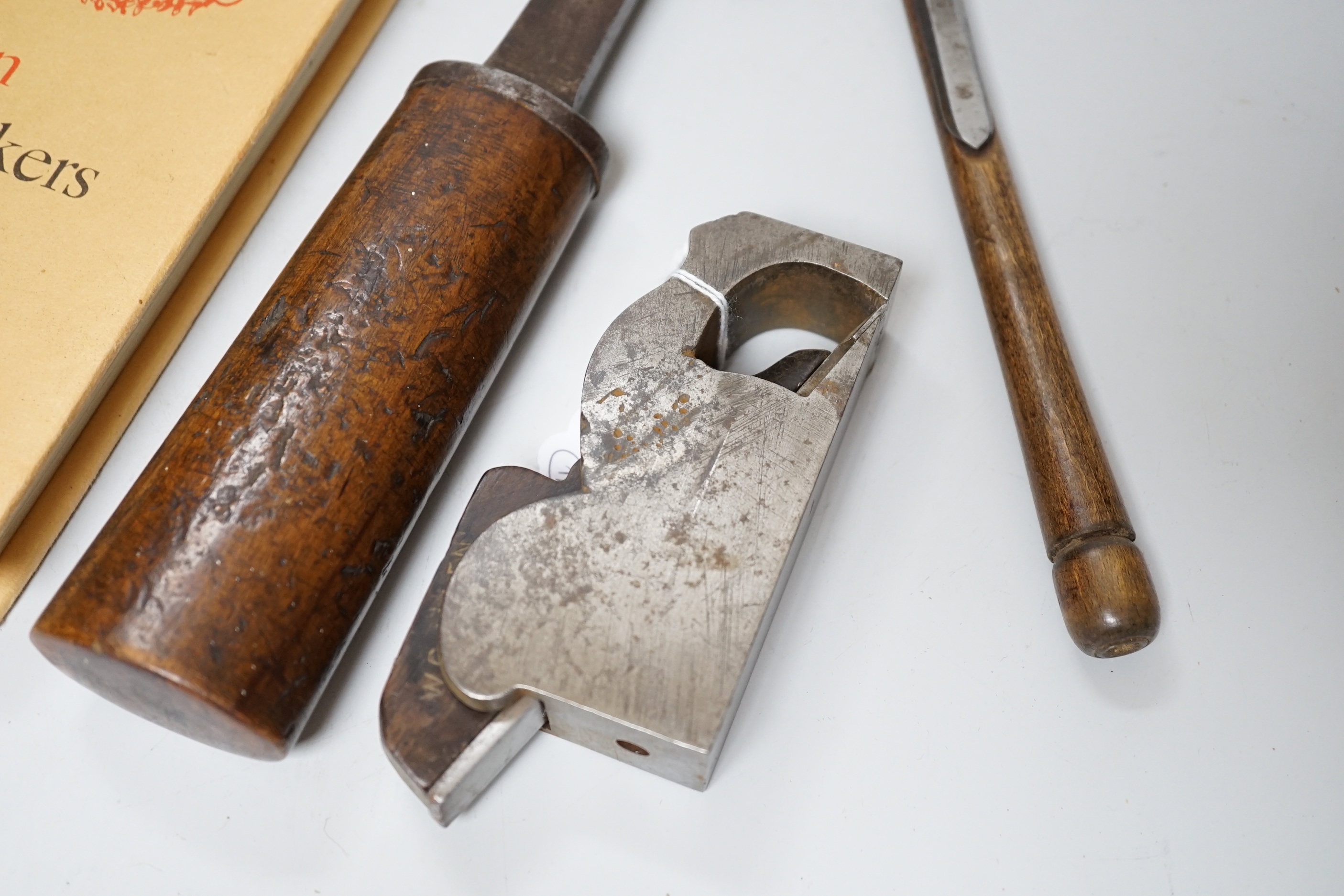 A book on British plane makers from 1700 by W L Goodman together with a W Marples & Son bladed plane, hammer and a mortice chisel